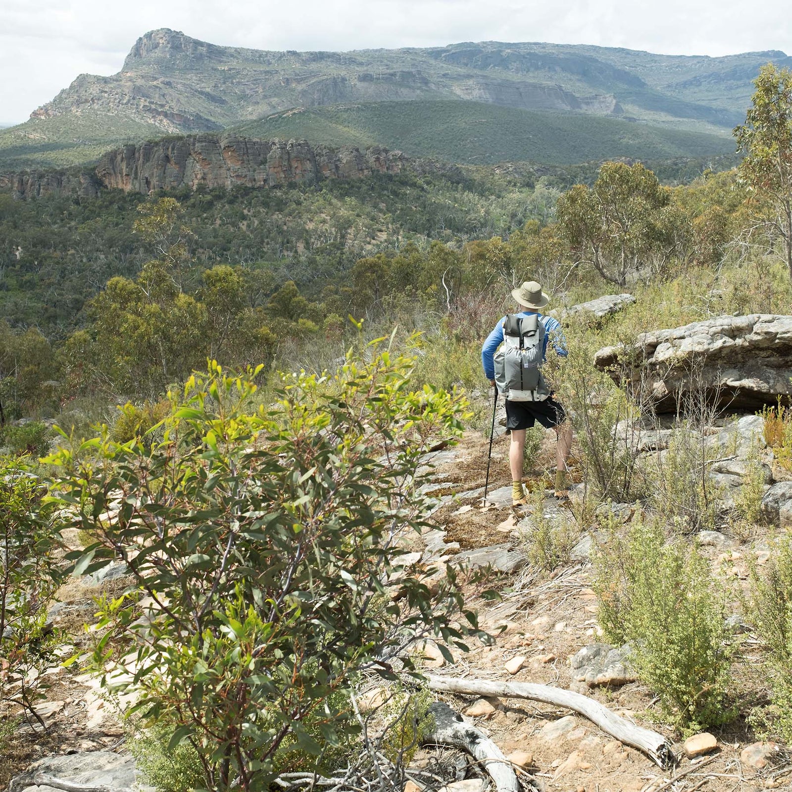 A hiker looking towards Mt Difficult on the Grampians Peaks Trail, Grampians, (Gariwerd)
