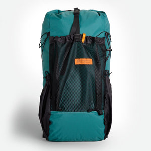 Medium sized backpack in green X-Pac fabric. The pack has a volume of 36 L including two side pockets and a front mesh pocket. 