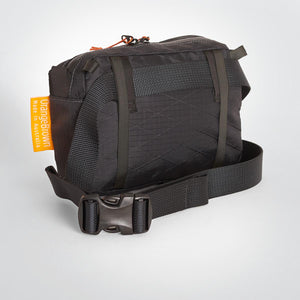 Rear view of Hip Belt Pocket showing various webbing straps and loops for attachment to a variety of other products. 