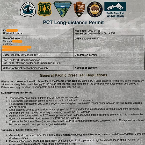 PCT permit - Pacific Crest Trail