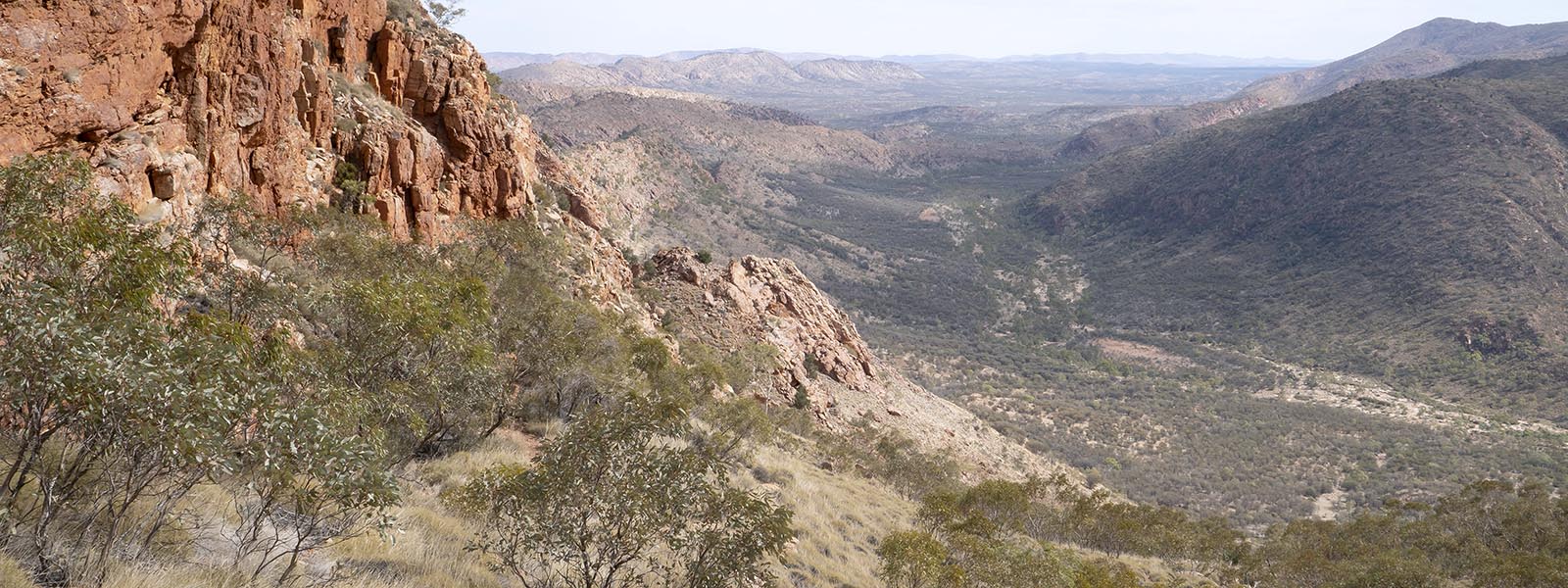 View into a desert valley somewhere along the Larapinta Trail in the Northern Territory of Australia.