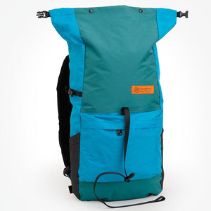 Front view of OrangeBrown OB20 Daypack with fully opened roll top.