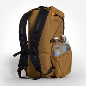Ultralight hiking backpack OB30 in coyote VX21 fabric and black shoulder straps. With two water bottles in side pocket. Made by OrangeBrown in Australia.