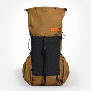 Ultralight hiking backpack OB30 in coyote colour X-Pac VX21 fabric with its roll top closure wide open to demonstrate overall height. Made by OrangeBrown in Australia.
