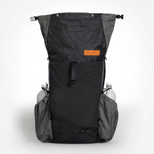 Ultralight hiking backpack OB30 UltraX black and grey with its roll top closure wide open to demonstrate overall height. Water bottles in side pocket.
