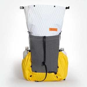 Ultralight hiking backpack OB30 yellow/white with its roll top closure wide open to demonstrate overall height.Made by OrangeBrown in Australia.