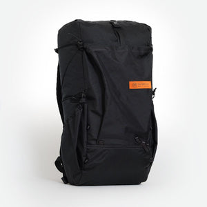 Side view of black OB36 UL hiking backpack. Made by OrangeBrown.
