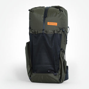 Dark green ultralight hiking backpack with roll top closure and three external pockets. White background.