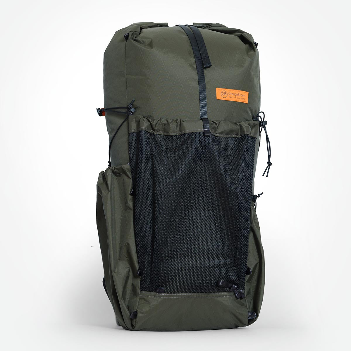 Dark green ultralight hiking backpack. Made from X-Pac VX21 in Australia by OrangeBrown. White background.