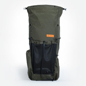 OB48 backpack with its roll top unrolled and wide open. Mesh front pocket.