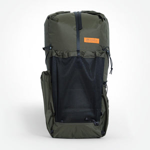 Dark green ultralight hiking backpack with roll top closure and three external pockets. White background.