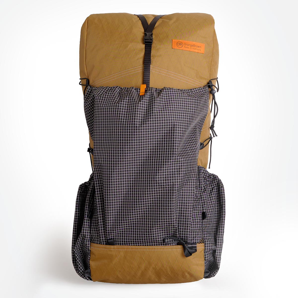 OrangeBrown backpack OB55 with large front and two side pockets. A Y-strap closes the roll-top. 