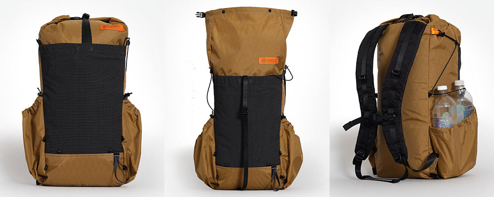 Backpack OB30 with front stretch pocket and large side pockets. Handmade from X-Pac VX21 in colour coyote (brownish).