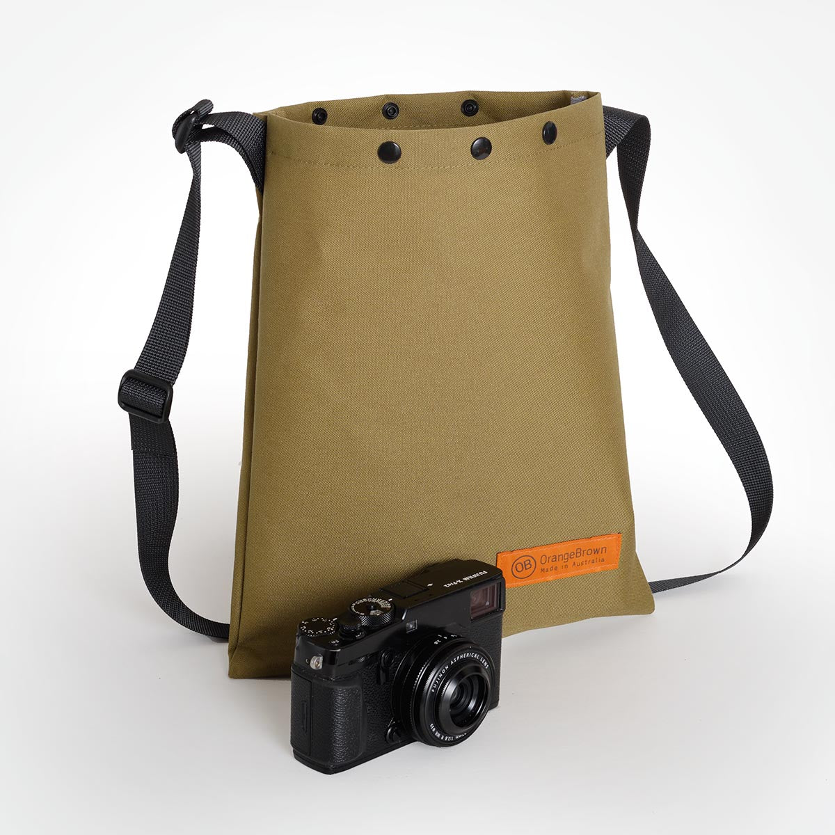 The OrangeBrown sling bag made from X-Pac X50 Tactical fabric used for carrying a FujiFilm X-Pro2 camera