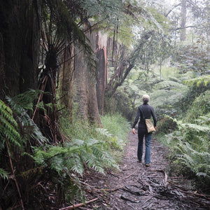 Person carrying an OrangeBrown Sling Bag, walking through an temperate rainforest. Dandenong Ranges, Australia