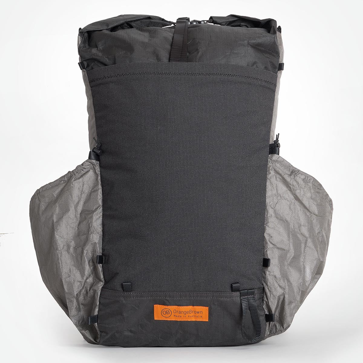 OrangeBrown backpack OB30.  A lightweight backpack with side pockets able to hold two 1 Litre bottles each. Made in Australia from Challenge Ultra fabrics.