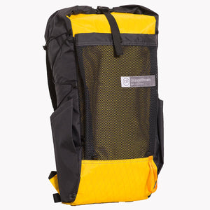Australian made backpack in yellow and black X-Pac fabric. The pack has a volume of 36 L including two side pockets and a front mesh pocket. Side compression cord with a Line Loc 3 and an orange webbing loop to fix the trekking poles. 