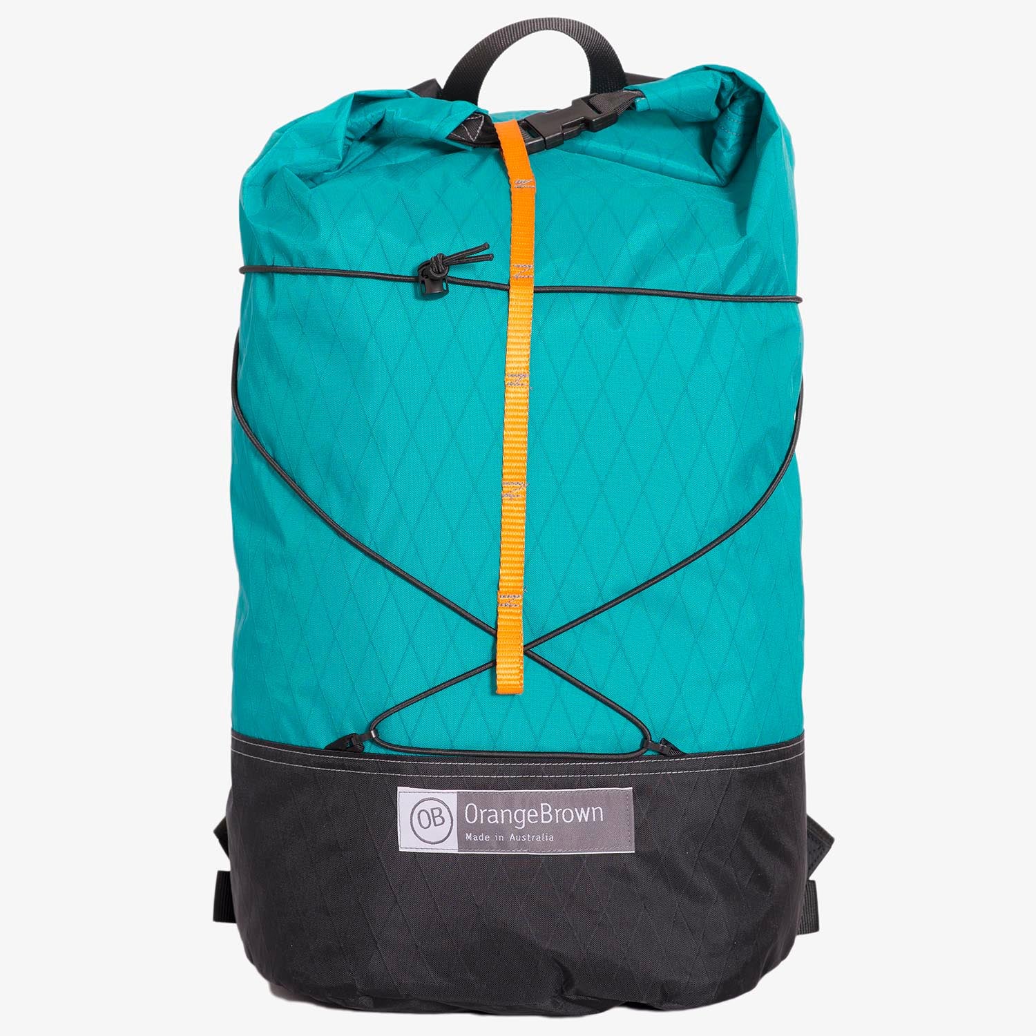 Frontal view of ultralight day pack with roll closure in teal-black. Handmade in Australia from X-Pac fabrics.
