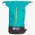 Frontal view oDay pack with open roll top in teal-black. Made in Australia.