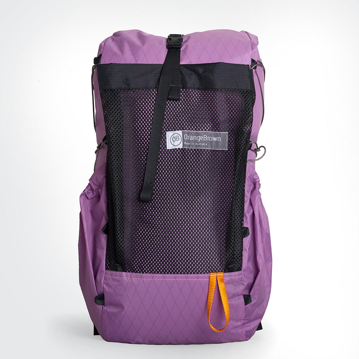 OrangeBrown backpack OB 36 made in Australia. Handmade from X-Pac VX21 fabric in colour mulberry. Featuring front mesh pocket and multiple tie down webbing loops.