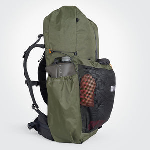 OrangeBrown backpack OB 48 has a tall left side pocket for extra storage. Holds a HydraPak Seeker 4L bladder or 220g gas cartridge + Toaks Light 700mL pot comfortably.