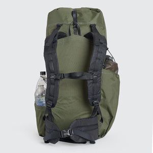 OrangeBrown OB 48 backpack with padded shoulder straps and hip belt. Sternum strap with emergency whistle and carry handle. Handmade in Australia from X-Pac VX21 fabric in dark green.